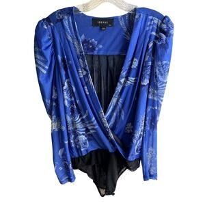 Iorane NWOT Women's Blue Peacock and Floral Print Wrap Bodysuit Sz 44/XL